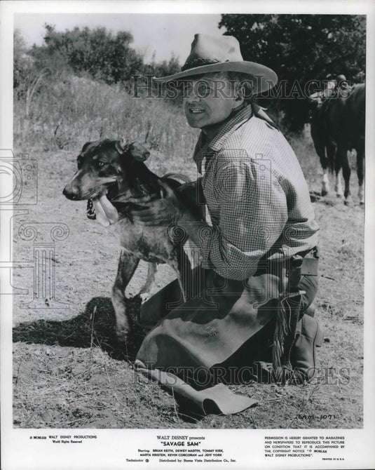 1963, Actor Brian Keith As Beck Coates Restrains Dog In 'Savage Sam' - Historic Images