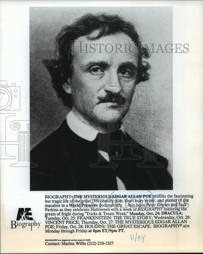 1994 Press Photo Edgar Allen Poe documentary to be released - mjp28904 - Historic Images