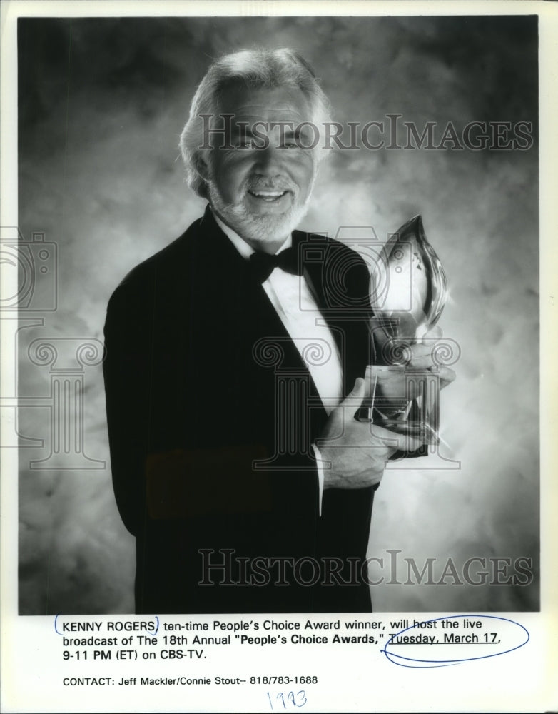 1993 Press Photo Kenny Rogers to host 18th annual &quot;People&#39;s Choice Awards&quot; - Historic Images