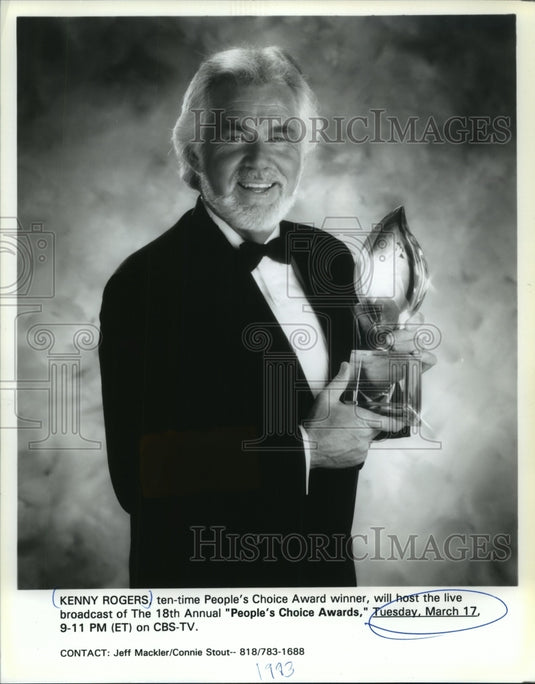 1993 Press Photo Kenny Rogers to host 18th annual "People's Choice Awards" - Historic Images