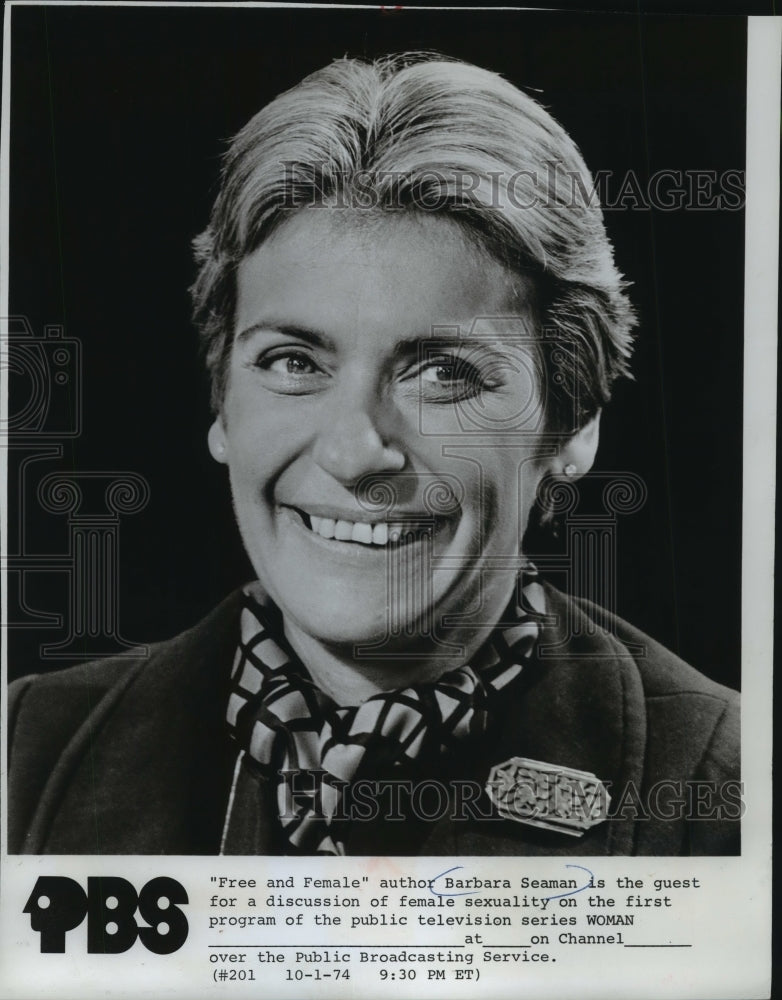 1974 Press Photo &quot;Free and Female&quot; author Barbara Seaman guests on PBS&#39; &quot;Woman&quot; - Historic Images