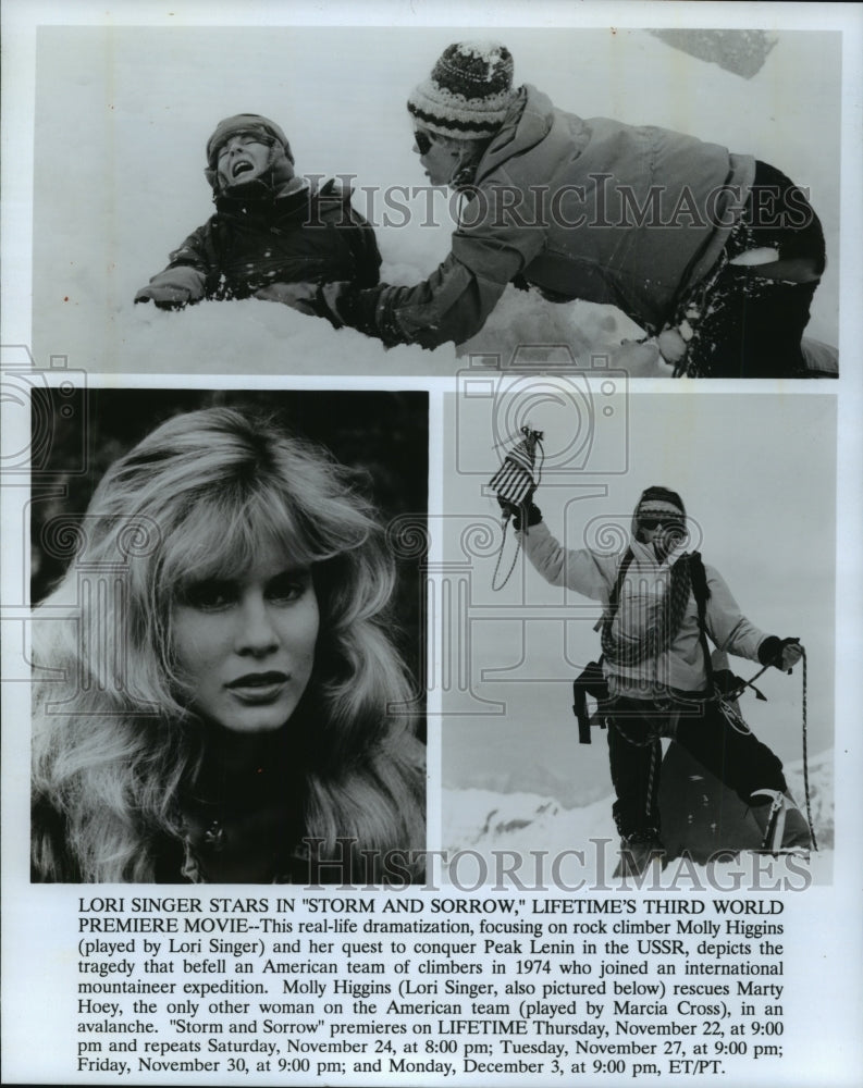 1990 Press Photo Lori Singer plays rock climber Molly Higgins &quot;Storm and Sorrow&quot; - Historic Images