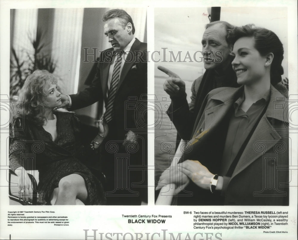 1987 Press Photo Theresa Russell, Dennis Hopper in "Black Widow" - mjp30621 - Historic Images