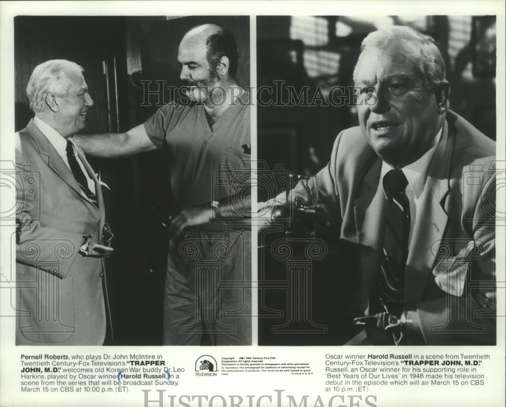 1981 Press Photo Harold Russell and Pernell Roberts in &quot;Trapper John, M.D.&quot; - Historic Images