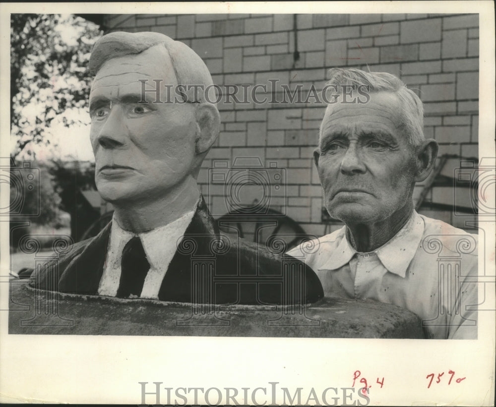1967, Wisconsin-Herman Rusch near sculpture at Prairie Room Museum. - Historic Images
