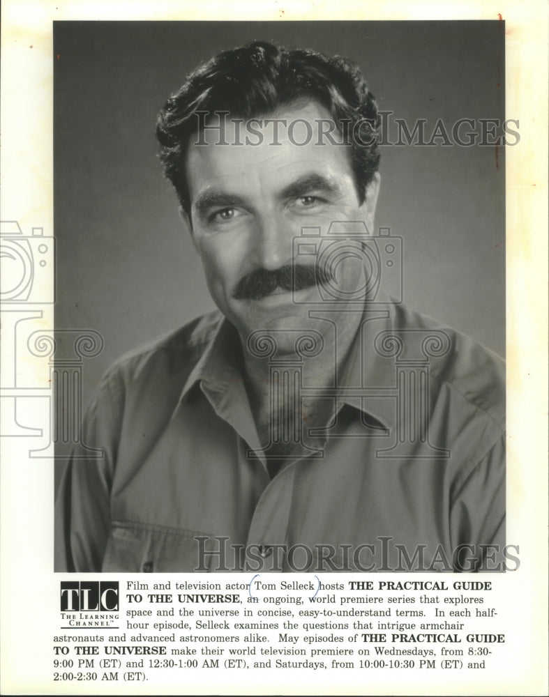 1993 Press Photo Actor Tom Selleck hosts The Practical Guide To The Universe. - Historic Images