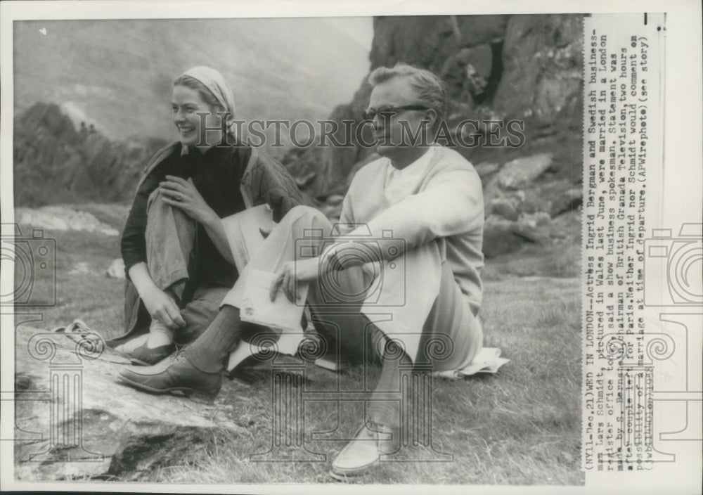 1958, Actress Ingrid Bergman &amp; Lars Schmidt in Wales last June - Historic Images