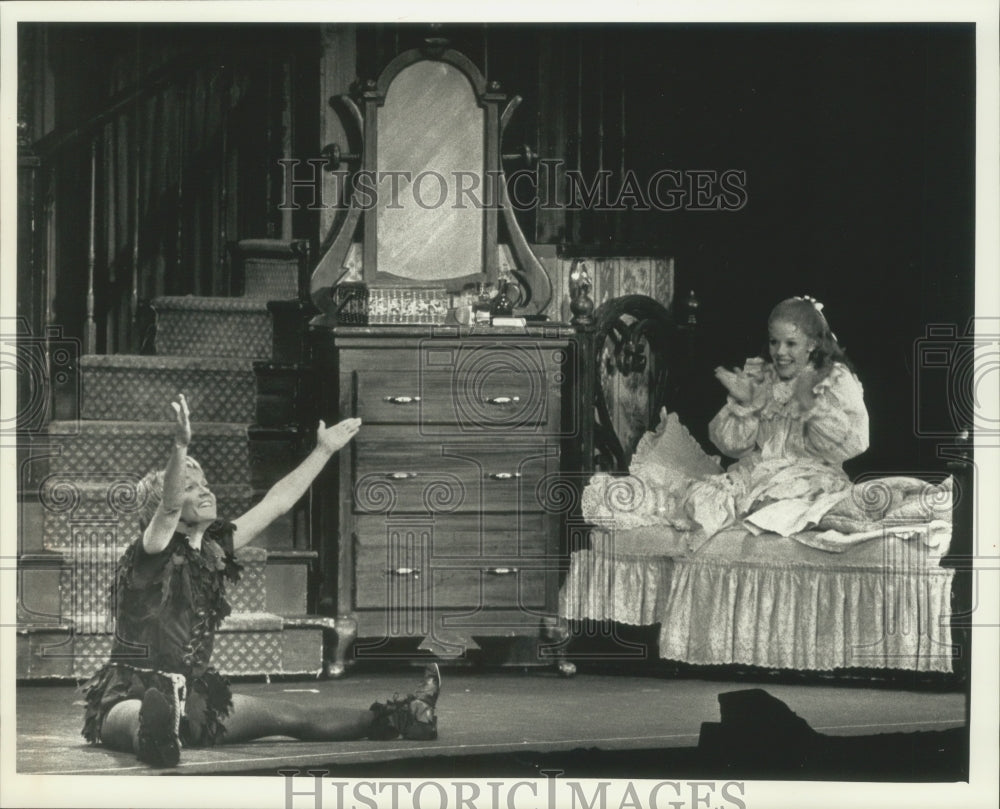 1990, Olympic gymnast Cathy Rigby with Cindy Robinson in &quot;Peter Pan&quot; - Historic Images