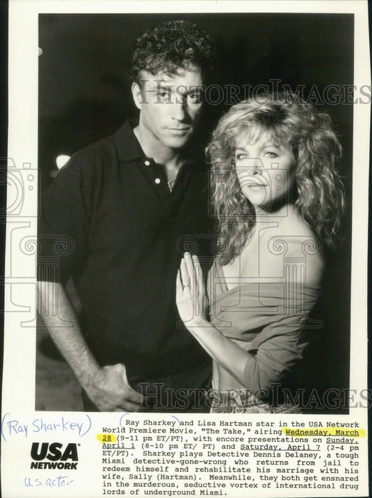 Press Photo Actor Ray Sharkey And Lisa Hartman In USA's 'The Take' - mjp32209 - Historic Images