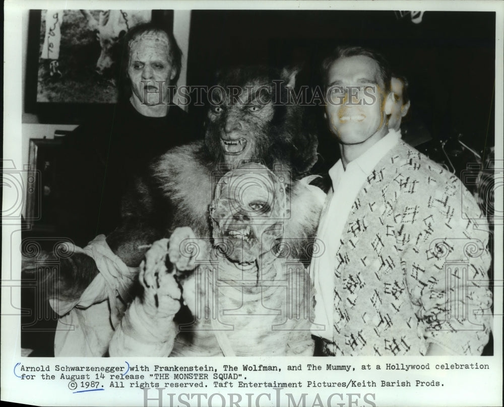 1987, Actor Arnold Schwarzenegger at a monster Hollywood celebration - Historic Images