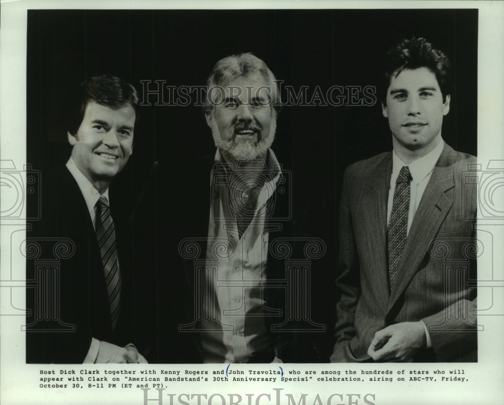 1984 Press Photo Dick Clark, Kenny Rogers and John Travolta in ABC-TV special- Historic Images