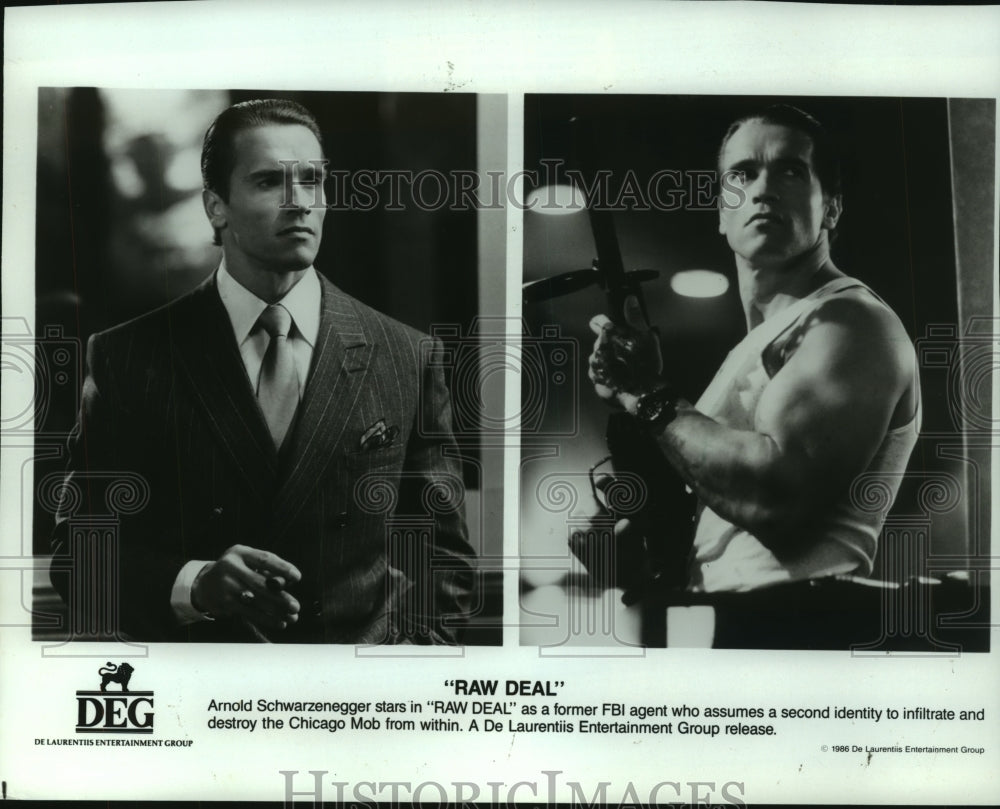 1986 Press Photo Arnold Schwarzenegger stars in &quot;Raw Deal&quot; - mjp33395-Historic Images