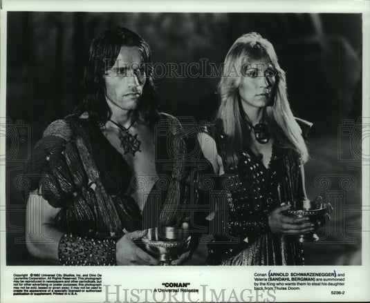 1982, "Conan" stars Arnold Schwarzenegger and Sandahl Bergman - Historic Images