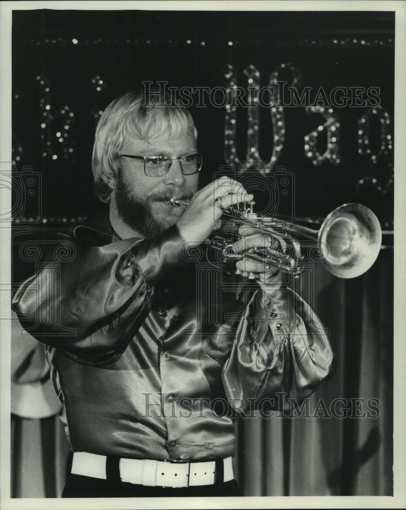 1975, Jim St. Charles musician blowing horn, Milwaukee. - mjp33890 - Historic Images