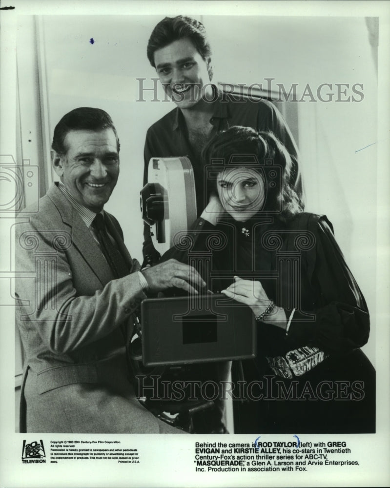 1983 Press Photo Rod Taylor, Greg Evigan and Kristie Alley in &quot;Masquerade&quot; film- Historic Images