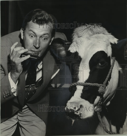 1953, Herb Shriner playing the Harmonica to a cow at WI State Fair - Historic Images