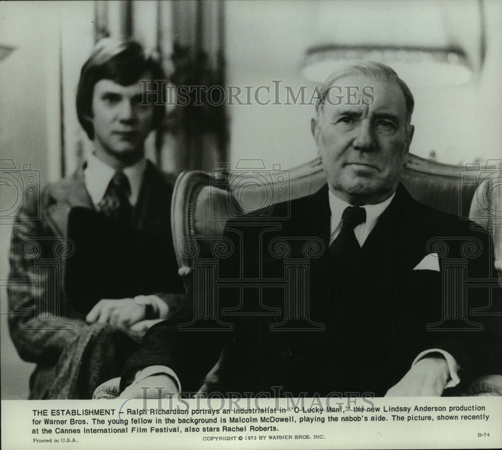 1973, Ralph Richardson and Malcolm McDowell in "O Lucky Man!" - Historic Images