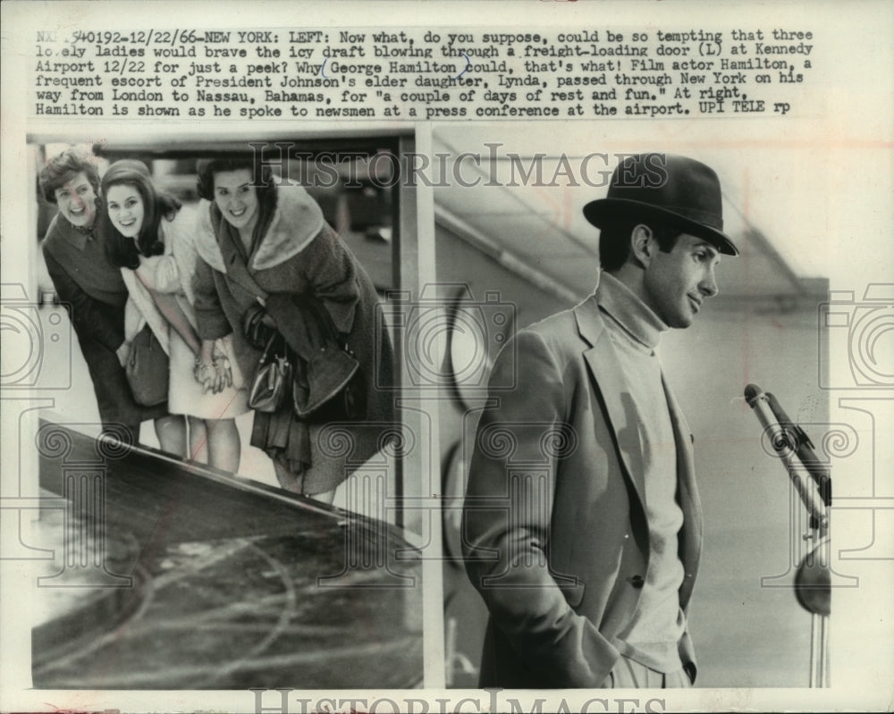 1966, New York, George Hamilton speaks at microphone, ladies look on - Historic Images