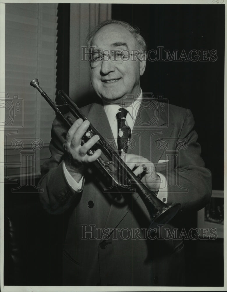 1956, James C. Petrillo hold trumpet that he no longer plays - Historic Images