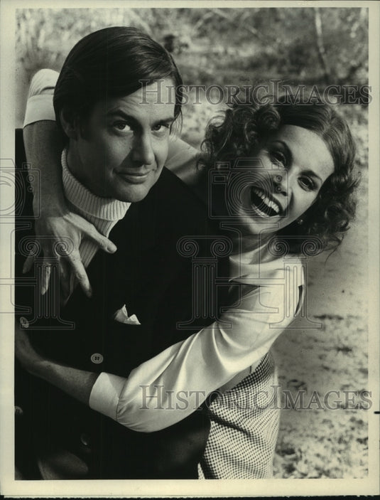 1973, John Fink, Stefanie Powers actors in "Topper Returns" on NBC. - Historic Images