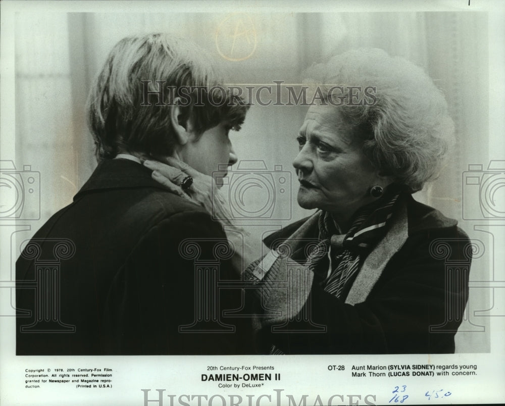 1978, Sylvia Sidney, Lucas Donat actors in "Damien-Omen II." - Historic Images