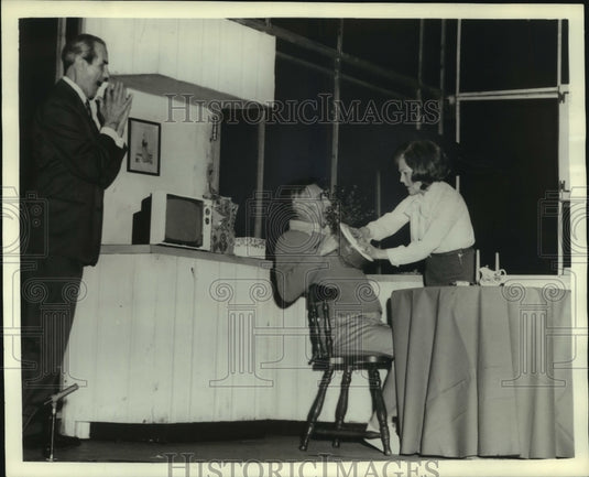 1974, Woody Romoff, gets cake in chest from Vivian Blaine, in "Twigs" - Historic Images