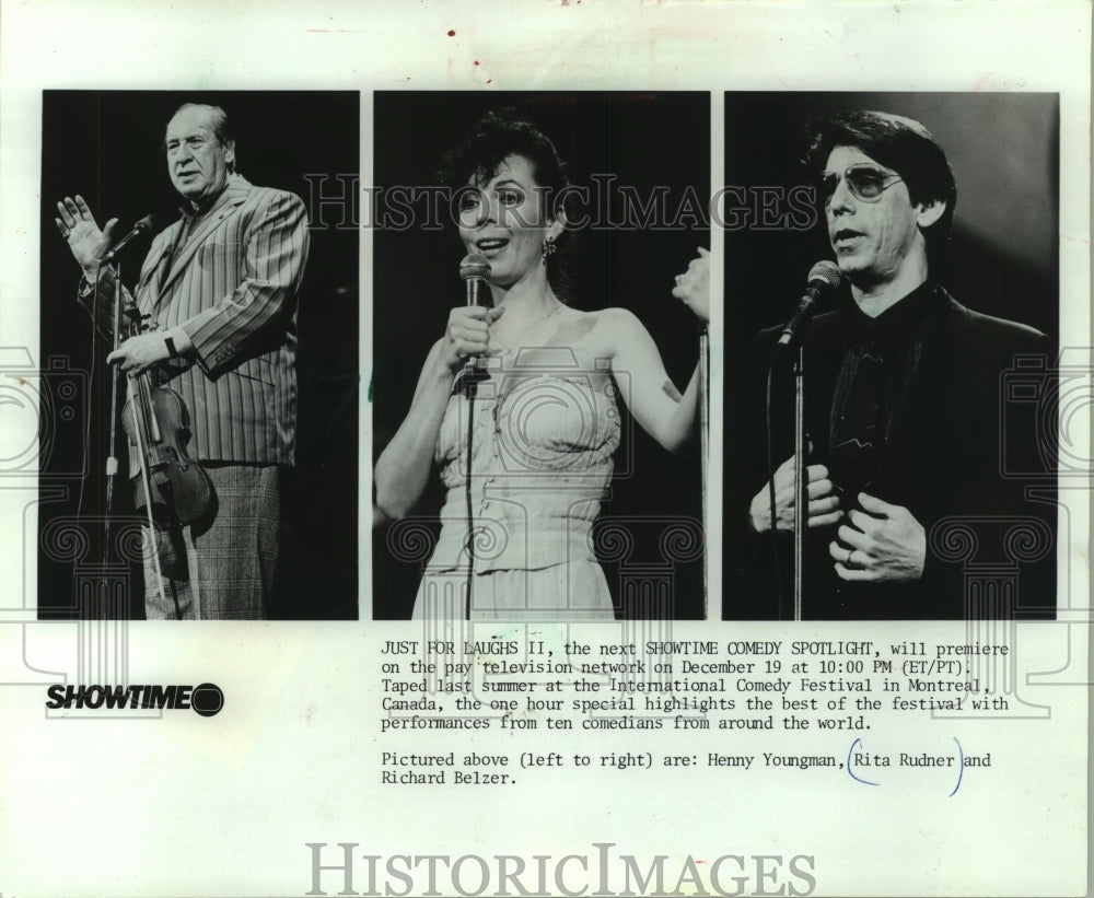 1987 Press Photo Comedians Henny Youngman, Rita Rudner and Richard Belzer - Historic Images