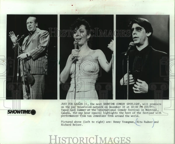 1987 Press Photo Comedians Henny Youngman, Rita Rudner and Richard Bel ...