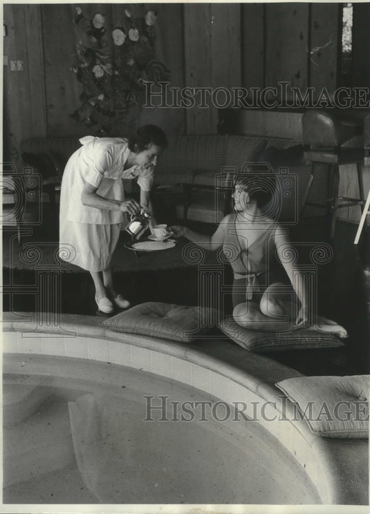 1963, Jill St. John has coffee poolside at her home - mjp37526 - Historic Images