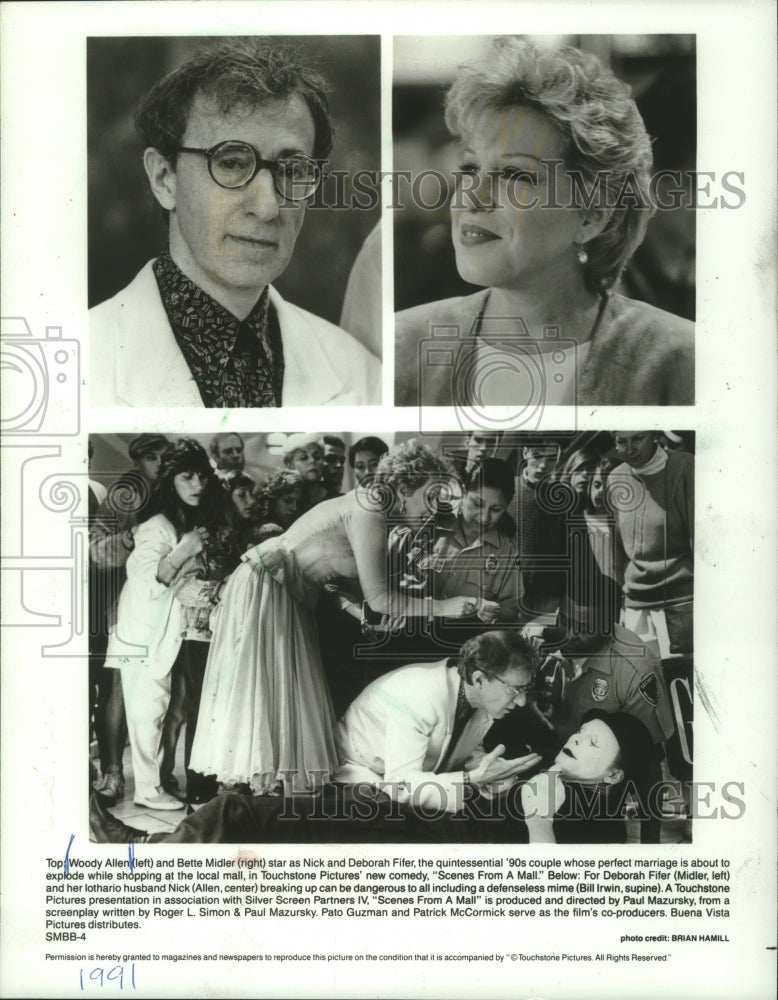 1991, Bette Midler and Woody Allen star in Scenes from a Mall. - Historic Images