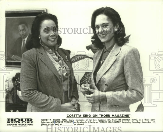 1986, Coretta King, Bonnie Strauss, interview for "Hour Magazine." - Historic Images