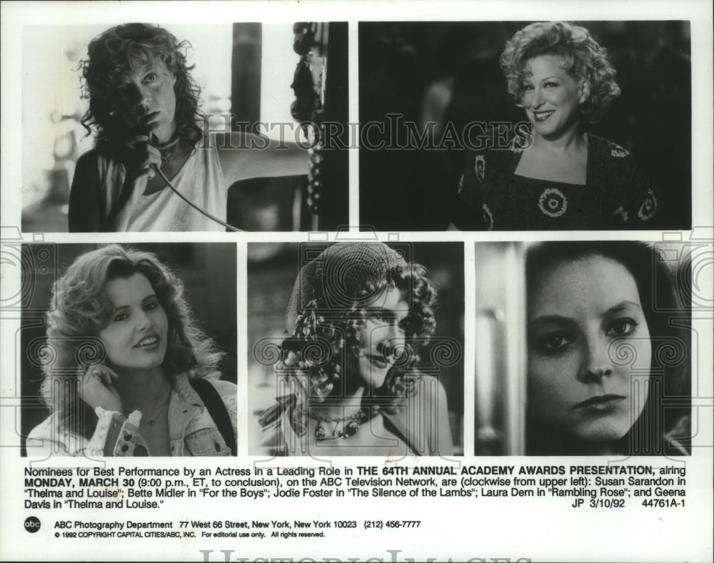 1992 Press Photo Actresses Susan Sarandon, Bette Midler, Jodie Foster & others - Historic Images