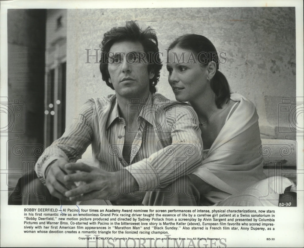 1977, Al Pacino and Marthe Keller star in Bobby Deerfield. - Historic Images