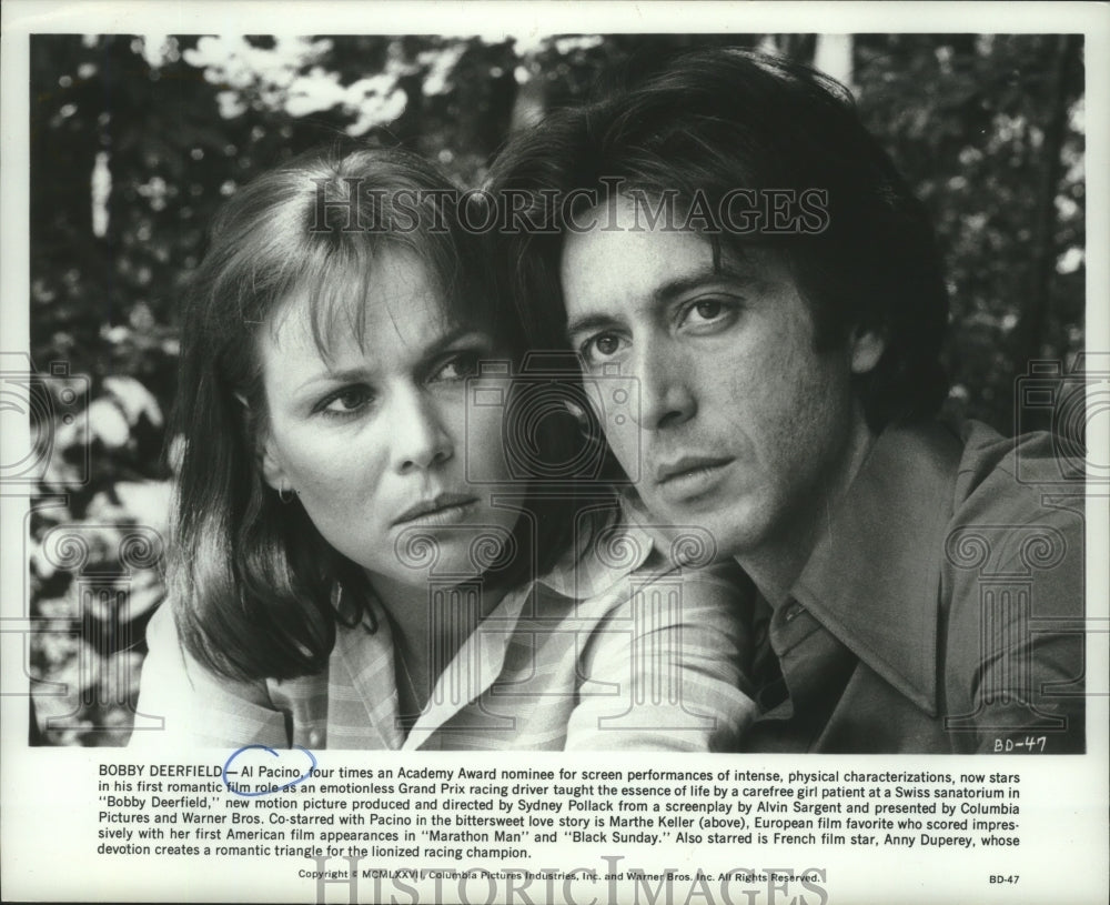 1977, Al Pacino and Marthe Keller in a scene from Bobby Deerfield. - Historic Images