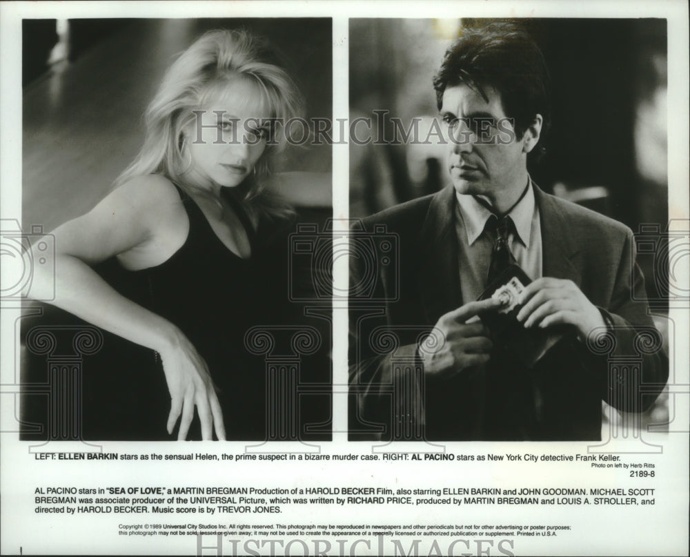 1989 Press Photo Al Pacino &amp; Ellen Barkin in &quot;Sea Of Love&quot; - Historic Images
