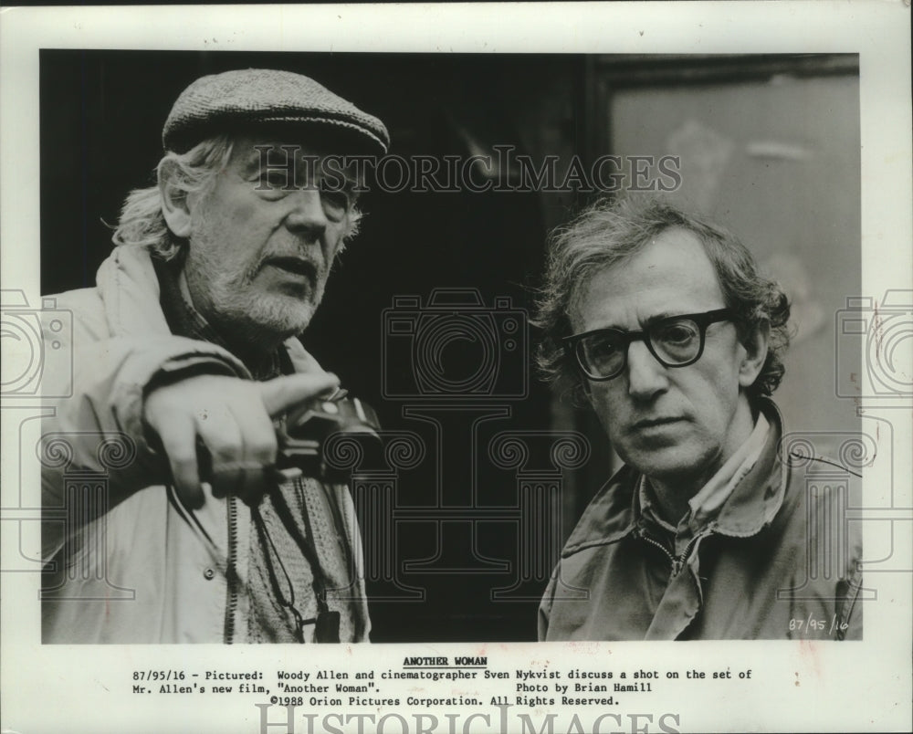 1988, Woody Allen and Sven Nykvist on set of Another Woman. - Historic Images