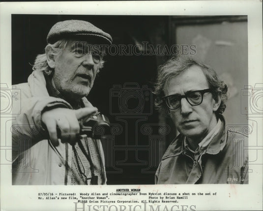 1988, Woody Allen and Sven Nykvist on set of Another Woman. - Historic Images