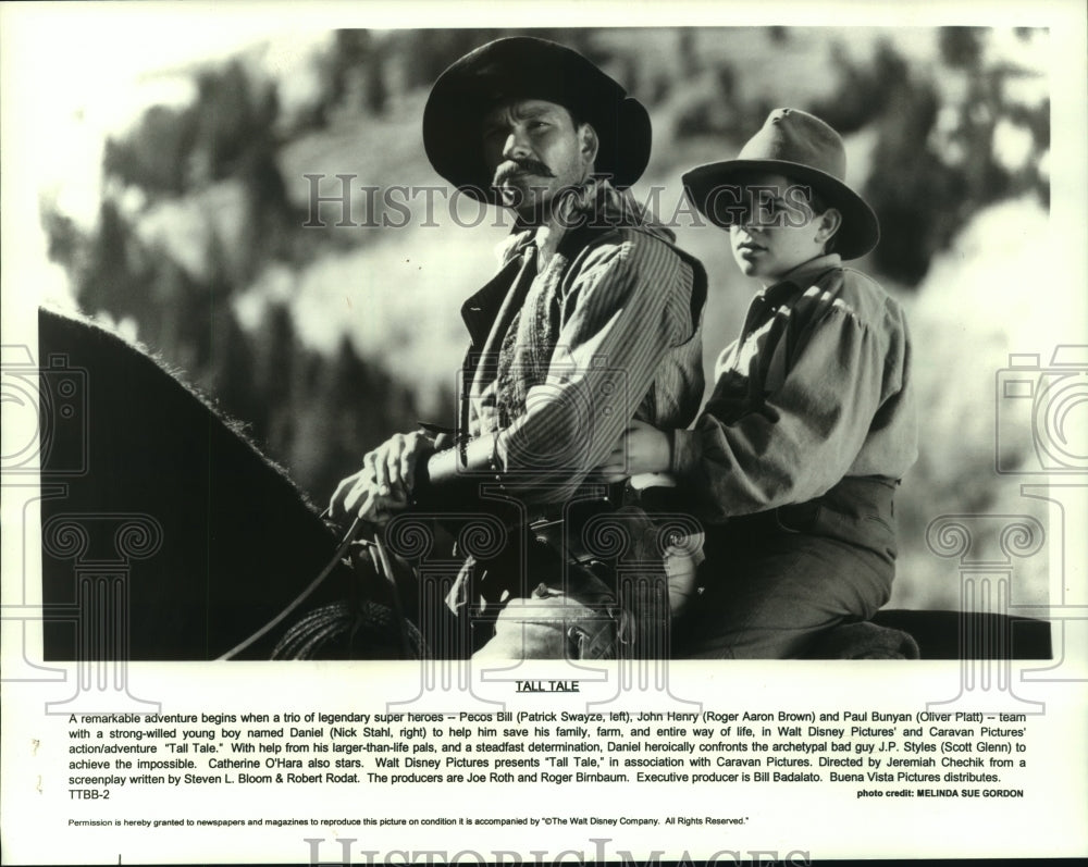 1995, Patrick Swayze as Pecos Bill and Nick Stahl in &quot;Tall Tale&quot; - Historic Images