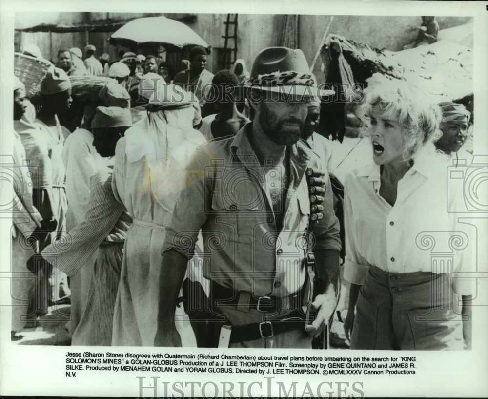 1985 Press Photo Sharon Stone &amp; Richard Chamberlain in &quot;King Solomon&#39;s Mines&quot; - Historic Images