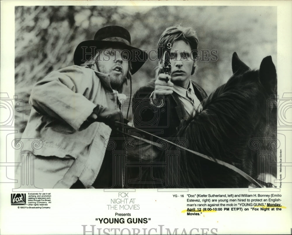 1993, Kiefer Sutherland and Emilio Estevez star in "Young Guns" - Historic Images