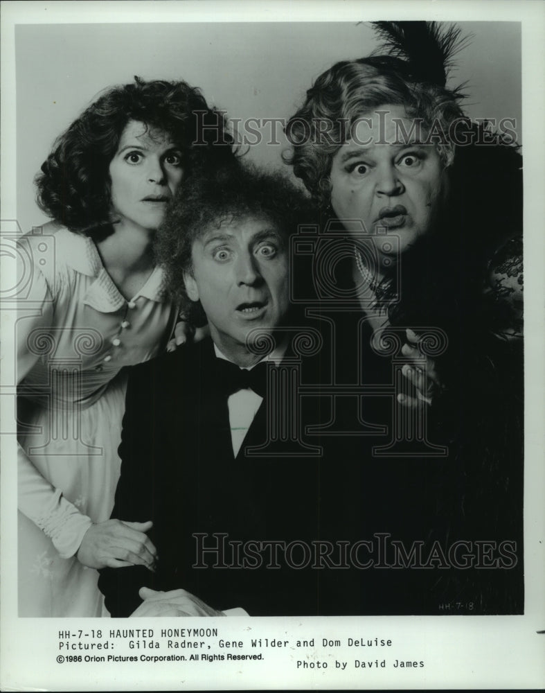1986, Gene Wilder, Gilda Radner & Dom Deluise in "Haunted Honeymoon" - Historic Images