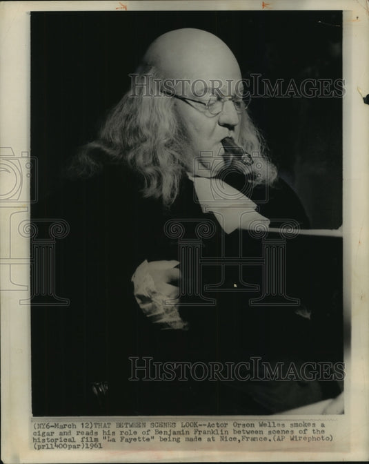1961, US Actor Orson Welles as Benjamin Franklin, "La Fayatte" France - Historic Images