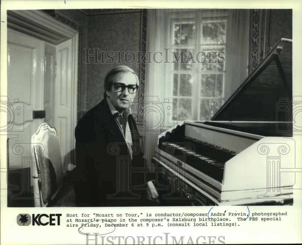 Press Photo Andre Previn hosts &quot;Mozart on Tour&quot; on PBS - mjp41150 - Historic Images