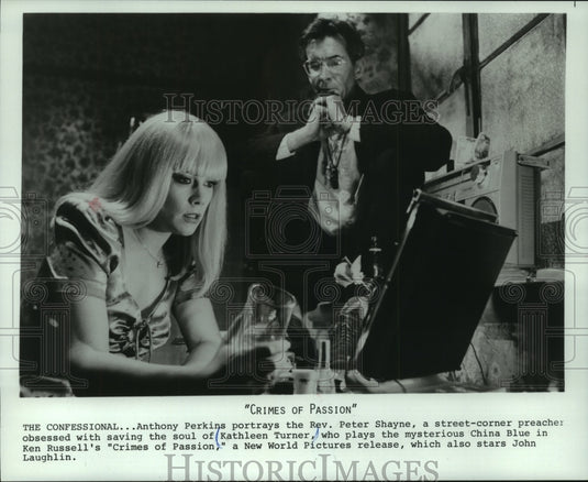 1986 Press Photo Actors Anthony Perkins and Kathleen Turner in Crimes of Passion - Historic Images