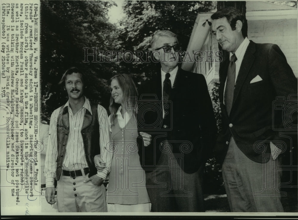 1971, James Stewart and Kathy Cannon at Fools Parade preview. - Historic Images