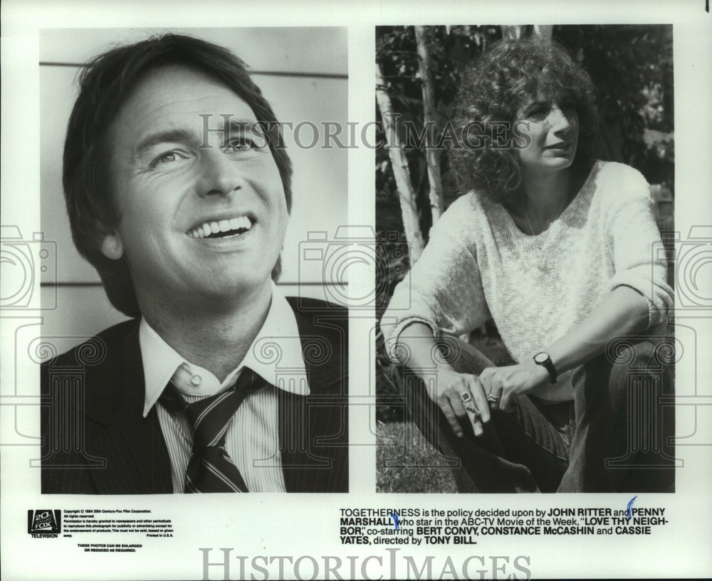 1985 Press Photo John Ritter and Penny Marshall star in &quot;Love Thy Neighbor&quot;- Historic Images