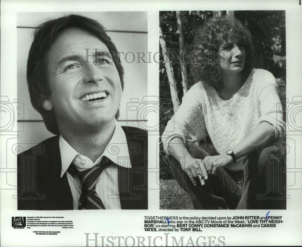 1985 Press Photo John Ritter and Penny Marshall star in "Love Thy Neighbor"- Historic Images