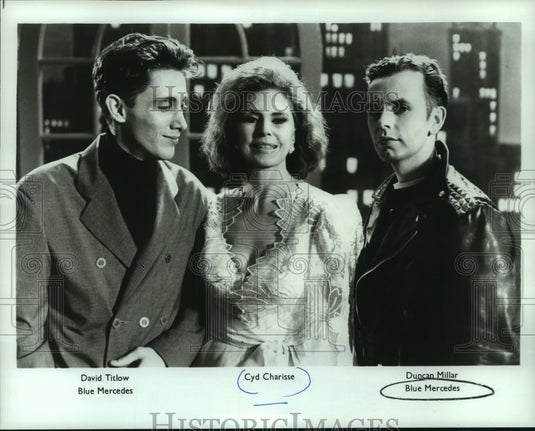 1988, Actress Cyd Charissee with music group Blue Mercedes - Historic Images