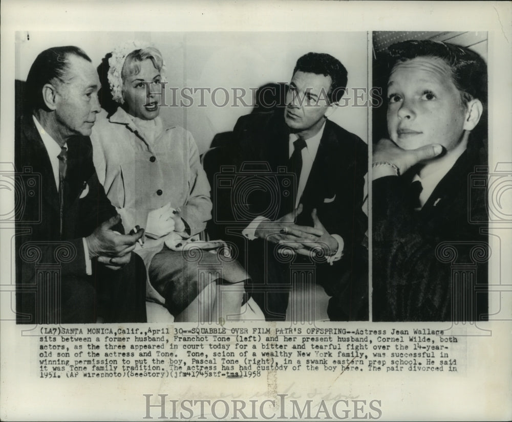 1958 Actress Jean Wallace with current and ex husbands in court-Historic Images