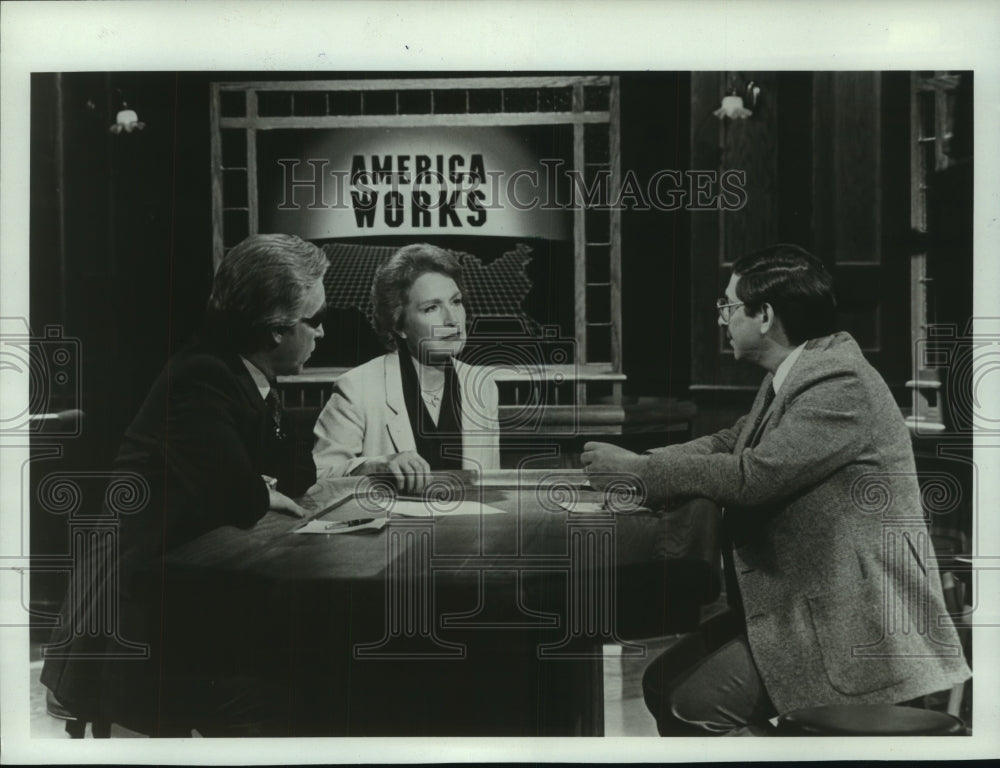 1988, Host Marie Torre of &quot;America Works&quot; interviewing guests - Historic Images